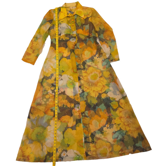 70s VTG Yellow Floral Maxi Dress + Sheer Coat Set Boho Cottagecore Festival Gown - Picture 13 of 15